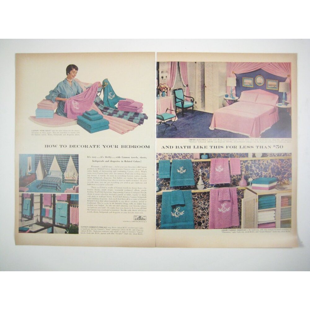Vintage 1950s Cannon Towel Bedroom Decor Advertisement Print 2 Page MOD
